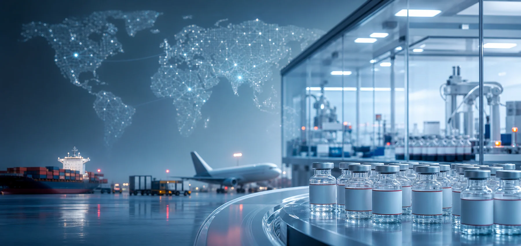 Illustration of international cooperation, laboratory work, manufacturing and distribution